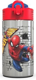 Zak Designs Stainless Steel One Hand Operation Lid and Built-in Carrying Loop Water Bottle with Straw Spout is Perfect for Kids (15.5 oz, BPA Free), 1 Count (Pack of 1), Marvel Comics Spider-Man - Image 4