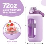 72oz Glass Water Bolttles, 3-in-1 Straw and Sip Spout Handle Lid, Half Gallon Water Bottle with Time Marker and Silicone Sleeve, BPA-Free Sports Water Bottle for Gym, School, Lilac - Image 3