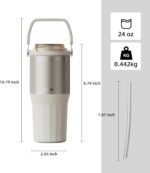 TKK 24 oz Ceramic Coated Tumbler with Straw Lid, 18/10 Stainless Steel Vacuum Leakproof Double Walled Car Cup with Handle & Tea Infuser& Dishwasher Safe, for Hot & Cold Drinks,Porcelain White - Image 3