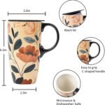 Topadorn Ceramic Travel Mug with Lid and Handle ，Coffee Mug Teacup in Color Box 17 Oz, Splash Resistant Lid - To Go Tumbler for Car Cup Holder, Green Leaves And Flowers - Image 6