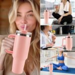 40 oz Tumbler with Handle and Straw Spill Proof Large Travel Coffee Mug Insulated Reusable Stainless Steel Cup with Lid Fit for Car Cup Holder(Pink) - Image 5
