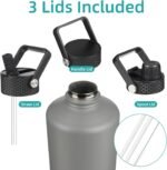 Gallon Insulated Water Bottle with Straw,128 oz 3 Lids Water Jug with Carrying Bag,Paracord Handle, Double Wall Vacuum Stainless Steel Metal Flask,Gray - Image 4