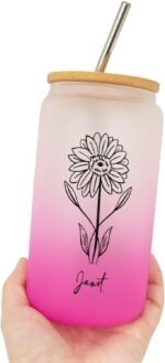 Birth Flower Iced Coffee Cup with Lid And Straw Customized Birthflower Drinking Cup with Name Women's Day Birthday Gifts for Bridesmaid Flower Party 16oz Glass Water Bottle - Image 5