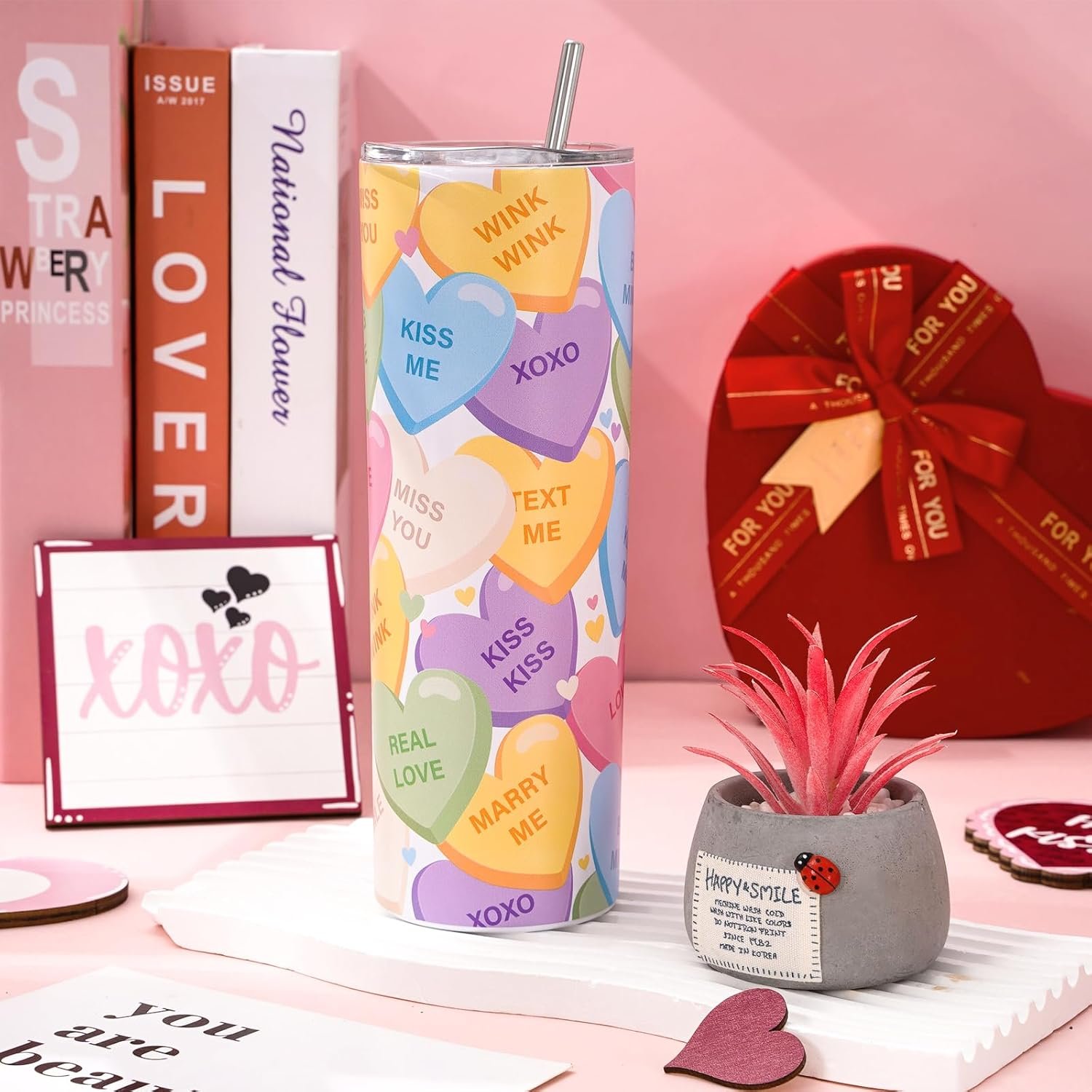 Whaline Valentine's Day Tumbler with Lid and Straw Conversation Heart Stainless Steel Cup Colorful Heart Tumbler Cup Travel Coffee Mug for Holiday Decor Gift Supplies - Image 4