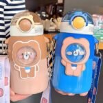 Cute Stainless Steel Water Bottle with Straw and Strap, Kawaii Insulated Bear Water Bottles Leak-Proof Stainless Steel Vacuum BPA Free Reusable Cup for Sports Girls (Brown) - Image 3