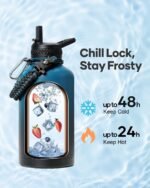 One Gallon Water Bottle,128oz Insulated Flask Stainless Steel Vacuum, Cold for 48 Hrs,BPA-Free & Leakproof -with Paracord Handle,Strap,Straw Spout Lids,Large Jug for Gym Sports,Indigo Black - Image 3