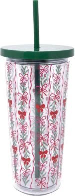 Martha Stewart Double Wall Tumbler with Lid and Reusable Straw, Floral Plastic Cup, Insulated Travel Cup Holds 24 Ounces (Holiday Bow Stripe) - Image 3