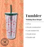 Martha Stewart Double Wall Tumbler with Lid and Reusable Straw, Floral Plastic Cup, Insulated Travel Cup Holds 24 Ounces (Holiday Bow Stripe) - Image 4