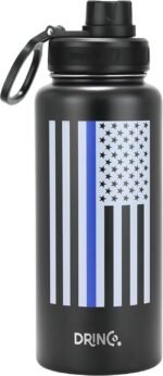 DRINCO Stainless Steel Water Bottle Spout Lid Vacuum Insulated Double Wall Water Bottle USA Flag Military Veteran (32oz Thin Blue Black, 32oz) - Image 3