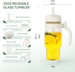 Nefeeko 32oz Glass Tumbler with Lid, Straw & Handle, Lead-Free Wide Mouth Drinking Cup for Iced Coffee, Smoothie, Water-Perfect for Office, Home, Driving & Gifts, Fits in Cup Holder (White) - Image 3