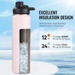 24 oz Insulated Water Bottle with Handle, 304 Stainless Steel Water Bottles with Wide Mouth, Double Wall Vacuum Sports Water Bottle, BPA Free, Keep Cold and Hot, Pink - Image 4