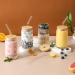 [ 12pcs Set ] Glass Cups with Bamboo Lids and Glass Straw - Beer Shaped Drinking Glasses, 16 oz Iced Coffee Glasses, Cute Tumbler Cup for Smoothie, Boba Tea, Whiskey, Water - 4 Cleaning Brushes - Image 5