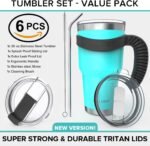 Stainless Steel Travel Mug with Handle 30 oz – 6 Piece Set. Tumbler with Handle, Straw, Cleaning Brush & 2 Lids. Double Wall Insulated Large Coffee Mug Bundle - Aqua Blue Powder Coated Tumbler - Image 3
