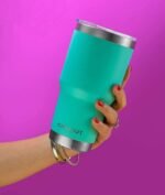 Stainless Steel Travel Mug with Handle 30 oz – 6 Piece Set. Tumbler with Handle, Straw, Cleaning Brush & 2 Lids. Double Wall Insulated Large Coffee Mug Bundle - Aqua Blue Powder Coated Tumbler - Image 4