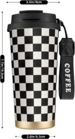 Checkered Insulated Coffee Tumbler with Lid Black and White Stainless Steel Travel Coffee Mug Grid Vacuum Insulated Reusable Cup Water Bottle - Image 3