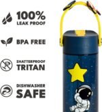 Elemental Water Bottles for Kids - Splash Kids Water Bottle for School with Fun Charm Handle - BPA Free Tritan Plastic Bottle with Straw Leak Proof When Spout is Closed - 18oz - Little Astronaut - Image 5
