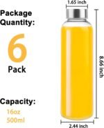 6 Pack Glass Water Bottles, 16oz Clear Glass Bottles with Stainless Steel Lids, Reusable Glass Drink Bottles with Caps for Juicing, Smoothies, Tea, Water, Beverages - Image 3
