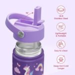 SANDJEST Kids Water Bottle with Straw Lid, Pack of 2 Insulated 12 Oz Stainless Steel Water Bottles for Girls, Travel Cup for School Sports, Unicorn - Rainbow - Image 3