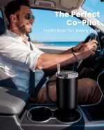 Renoj Tumbler with Handle 100% Spill Resistant Insulated Water Bottle for Iced Coffee & Hot Drinks - Fits Car Cup Holder, Ideal Gift, 2 Straws & Silicone Boot BPA-Free - FlexSlide Black 40 oz - Image 3