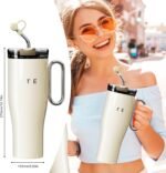 OTE 40 oz Tumbler with Handle and Straw Lid, Reusable Water Bottle, Double Wall Vacuum Stainless Steel Insulated Tumbler for Hot/Cold Beverages(Beige) - Image 3