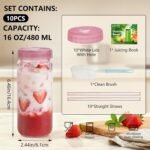 Ruckae 16 OZ Glass Juice Bottles with Dual Scale-10 Pack Reusable Glass Bottles with Hole Lids and Straws for Juicing,Smoothies,Water,Kombucha-Juice Containers for Kitchen,Fridge,or Gym (Pink) - Image 4
