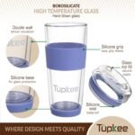 Tupkee Double Wall Glass Tumbler - 14-Ounce, All Glass Hand Blown Reusable Insulated Tea/Coffee Mug & Lid, Travel Mug - Jacaranda - Image 3