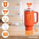 6PCS Orange Stanley Cup Accessories Set Fit for Stanley Cup 30oz 40oz,Including Spill Proof Stopper,Sparkly Silicone Boot,Bow Shape Straw Topper,Personalized Sticker,Handle Charm (Letter U) - Image 3