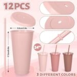 Whaline 12 Pcs Dusty Pink Plastic Cups with Lids Straws Gradient Pink Reusable Tumbler 3 Colors Travel Mug Cups for Iced Coffee Beverage Drinks Party Supplies, 24 Oz - Image 3