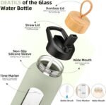 SIEROZUR 32oz Glass Water Bottle with 2 Lids-Handle Straw Lid & Bamboo Lid Borosilicate Glass Water Bottle With Silicone Sleeve and Time Marker Leakproof Water Jug Canteen for Gym - Image 3