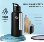 COKTIK 32oz Sports Water Bottle, Stainless Steel Water Bottle for Insulated, Reusable Travel Bottle, With Straw, With Handle Grip for Easy Carrying, Suitable for Cycling, Outdoor Vacations(Black) - Image 4