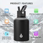 BJPKPK Insulated Water Bottles with Straw Lid, 50oz Large Water Jug, Stainless Steel Vacuum Bottles, Hot & Cold Thermo with 3 Lids and Paracord Handle, Black - Image 4
