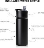 16 oz Insulated Water Bottle for School, Straw & Spout Lid, Keep Cold 24H, Spill Proof, BPA-Free, Double Wall Stainless Steel Kids Water Bottles for Sports, Gym, Travel, Black - Image 3