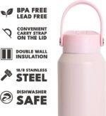 Elemental 40oz Insulated Water Bottle with Straw - 100% Leak-Proof Stainless Steel Core Water Bottles for Travel, Sports and Gym - Double Wall Insulation & BPA Free - Blush Pink - Image 6