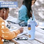 BLUEGO 32oz Glass Water Bottle with Handle and Straw|Leakproof Sports Glass Bottle with Time Marker and Silicone Sleeve|Glass Drinking Bottle for Travel, Gym, Workout, Blue - Image 4