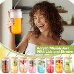 8 Pcs 16 oz Plastic Cups with Lids and Straws Acrylic Mason Jars with Bamboo Lids Mason Jar tumblers with Sticker and Diamond for DIY Decorate Mugs Drinking for Water Beverage Beer (Clear) - Image 4
