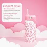 Pink Leopard Print Kids Water Bottle With Straw Lid 12oz Insulated Stainless Steel, Travel Tumbler, Gifts For Girls, Birthday, Christmas, Back To School - Image 3