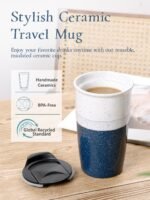 Ceramic Travel Mug with Lid, Blue Double Wall Coffee Mug Tumbler, Reusable Tall Cup, Splash Resistant Lid, Dishwasher Microwaveable Safe - Image 4