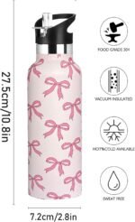 Pink Bow Sport Water Bottle with Straw, Vacuum Insulated Stainless Steel Thermal Drinking Travel Mug Cups For Gym Fitness Camping-20oz/600ml - Image 3