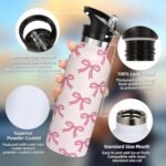 Pink Bow Sport Water Bottle with Straw, Vacuum Insulated Stainless Steel Thermal Drinking Travel Mug Cups For Gym Fitness Camping-20oz/600ml - Image 4
