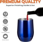 COMOOO Stainless Steel Wine Tumbler Glass Set of 4 with Lid and Straw 12oz Double Wall Vacuum Insulated Travel Tumbler Cup Stemless for Coffee Wine Cocktails Ice Cream Cup (Royal blue, 4) - Image 5