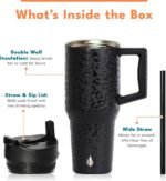 Elemental 32 oz 100% Leak Proof Tumbler with Handle & Straw - Stainless Steel Double Wall Insulated Tumbler for Hot and Cold Beverages - Travel Coffee Mug with Sip & Straw Lid - Black Leopard - Image 4