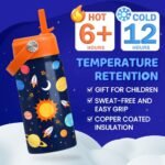 Space Water Bottle - Kids Water Bottle with Straw Lid - 12 Oz Insulated Stainless Steel Water Bottles for Kid Boys Girls - Travel Cup for School Sports - Image 4