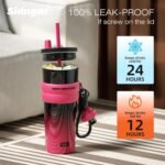 24 oz Stainless Steel Tumbler with Lid and Straw, Insulated Water Bottle Leak Proof for Hot and Cold, Portable Travel Coffee Mug, Reusable Coffee Cup for Women, Black&Pink - Image 5