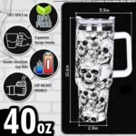 Whaline 40oz Halloween Skull Tumbler with Straw and Lid Spooky Skull Flower Travel Coffee Tumbler Cup with Handle for Trick or Treat Birthday Party Gifts - Image 3