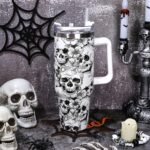 Whaline 40oz Halloween Skull Tumbler with Straw and Lid Spooky Skull Flower Travel Coffee Tumbler Cup with Handle for Trick or Treat Birthday Party Gifts - Image 4
