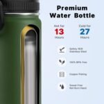 koodee 22 oz Water Bottle Stainless Steel Double Wall Vacuum Insulated Sports Water Bottle with 3 Lids-Reusable Metal Wide Mouth Water Flask, BPA Free (Grass Green) - Image 3