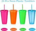 Dandat 24 Pcsc Halloween Plastic Cups with Lids and Straws Bulk, 24 oz Large Reusable Tumbler with Lids for Kids and Adults Party Favor, Glitter Water Bottle Travel Mug for Birthday(Neon) - Image 3