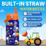 Construction Water Bottle - Kids Water Bottle with Straw Lid - 12 Oz Insulated Stainless Steel Water Bottles for Kid Boys - Travel Cup for School Sports - Image 3
