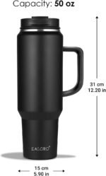50 oz Tumbler with Handle, Insulated Tumblers with Lid and Straw, Large Metal Sports Water Bottle Jug, Thermal Stainless Steel Travel Coffee Mug Cup, Black - Image 5