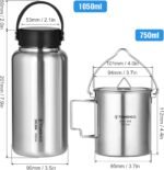 HXBER 1050ml Stainless Steel Water Bottle Leak Proof Sports Bottle with 750ml Water Cup Coffee Mug ing Pot for Outdoor Camping Hiking Backpacking Fishing - Image 3